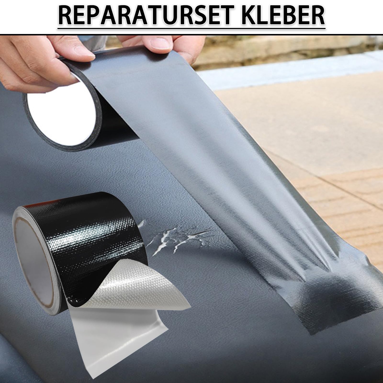 Zelt Reparaturset Schwarz - Kleber für lkw Plane Schutz Flicken für Abdeckplane & Sonnenschirm,Bootsplane,Zeltunterlage Planen,Reparaturband,Markisen Reparatur Klebeband (Schwarz, 5cm*10m) 6