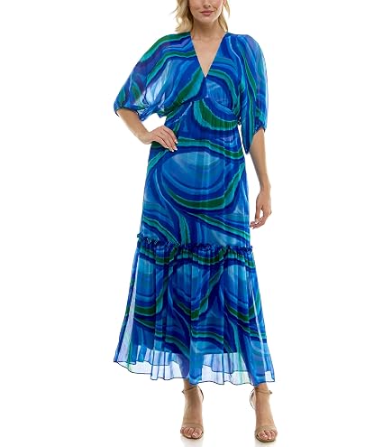Taylor Dresses Women's Floral Flutter Sleeve Collared Button Down Maxi Dress with Waist Tie, Northcott Blue, 2 at Amazon Women's Clothing store