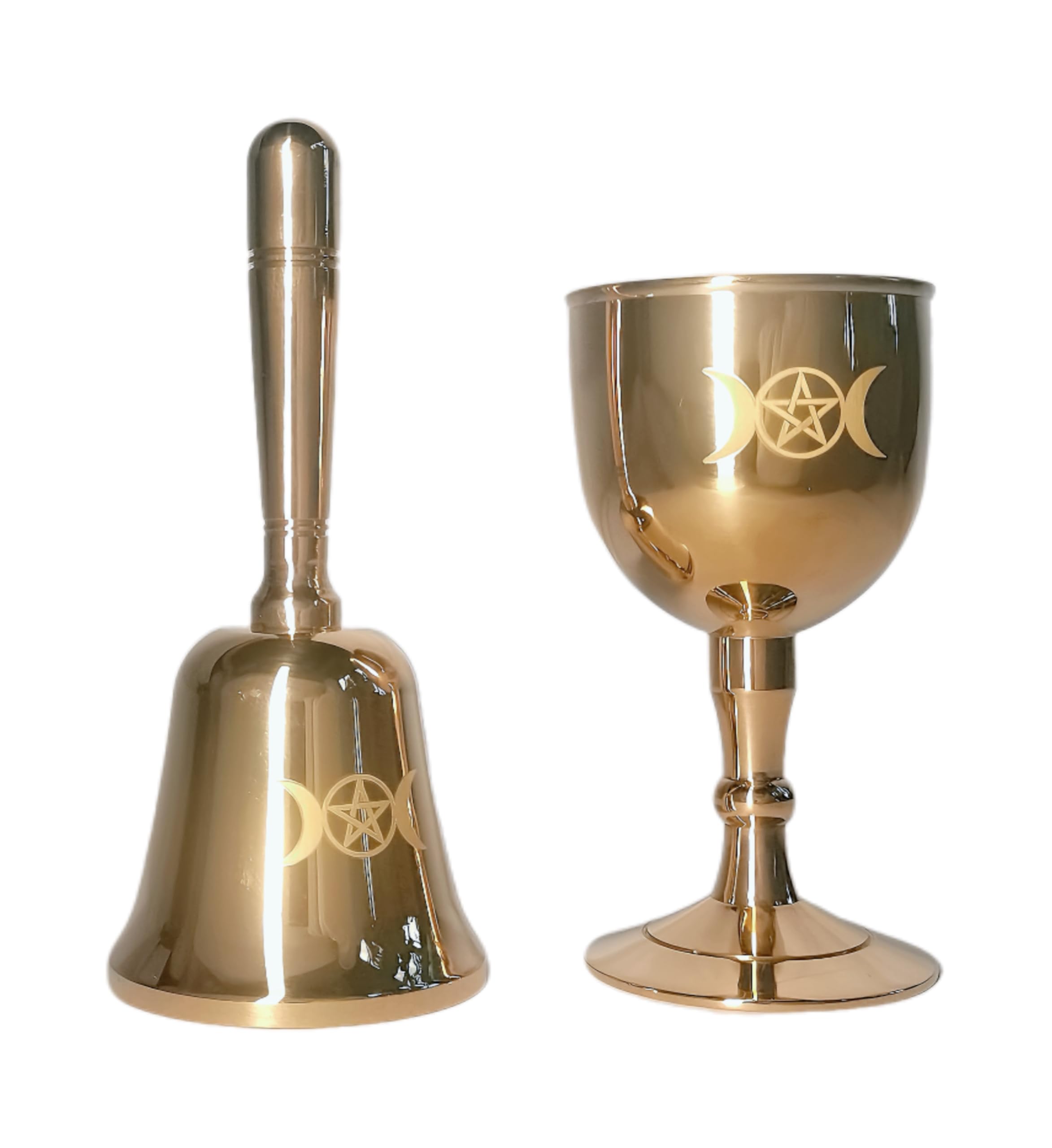 Mini Brass Triple Moon & Pentagram Altar Kit – Wiccan Altar Bell & Chalice Set, Sacred Ritual Tools for Witchcraft Supplies & Pagan Décor
