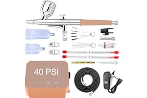 Gocheer Airbrush Kit with Air Compressor, 40 PSI High Pressure Air Brush Non-Clogging with 0.2/0.3/0.5mm Nozzle/Cleaning Sets, Ideal for Painting, Modeling, Cake Decor, Pastry, Makeup, Nail Art Gold