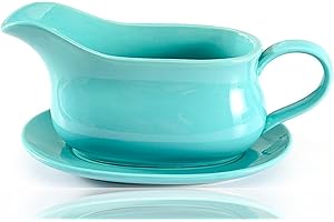 PALAIS ESSENTIALS Gravy Boat & Saucer, 15 oz, Ceramic Serving Dish, Dispenser with Tray for Sauces, Dressings and Creamer, Large Handle, Microwave and Dishwasher Safe (Aqua Blue)