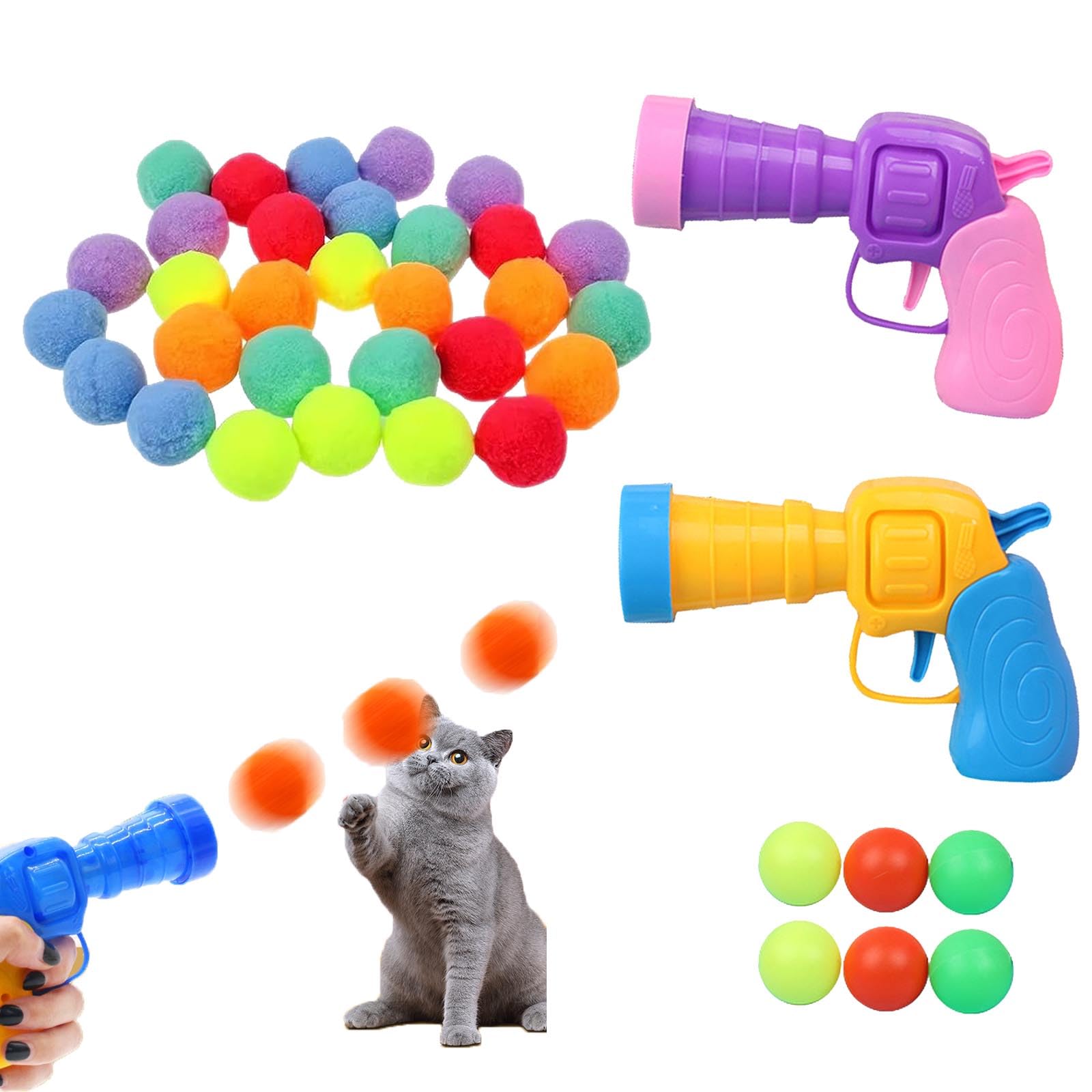 KASESSS 2Pcs Cat Toy Plush Ball Launching Gun, Training Cat Ball Launcher, Shooting Gun Plush Ball For Cat, Interactive Cat Toy Balls, Cat Toys Balls Launcher for Cat Exercise Chasing with 50 Pc Balls