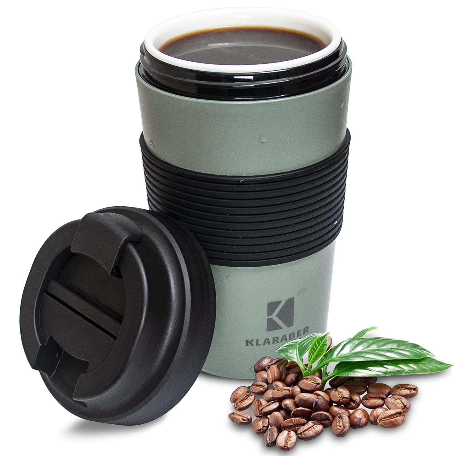 Klaraber Ceramic Travel Mug with Lid, Portable Porcelain Cup with Sleeve, Leakproof Ceramic Lined Coffee Cup Travel Mug, Reusable Coffee Cup, 350ml / 12oz (Green)