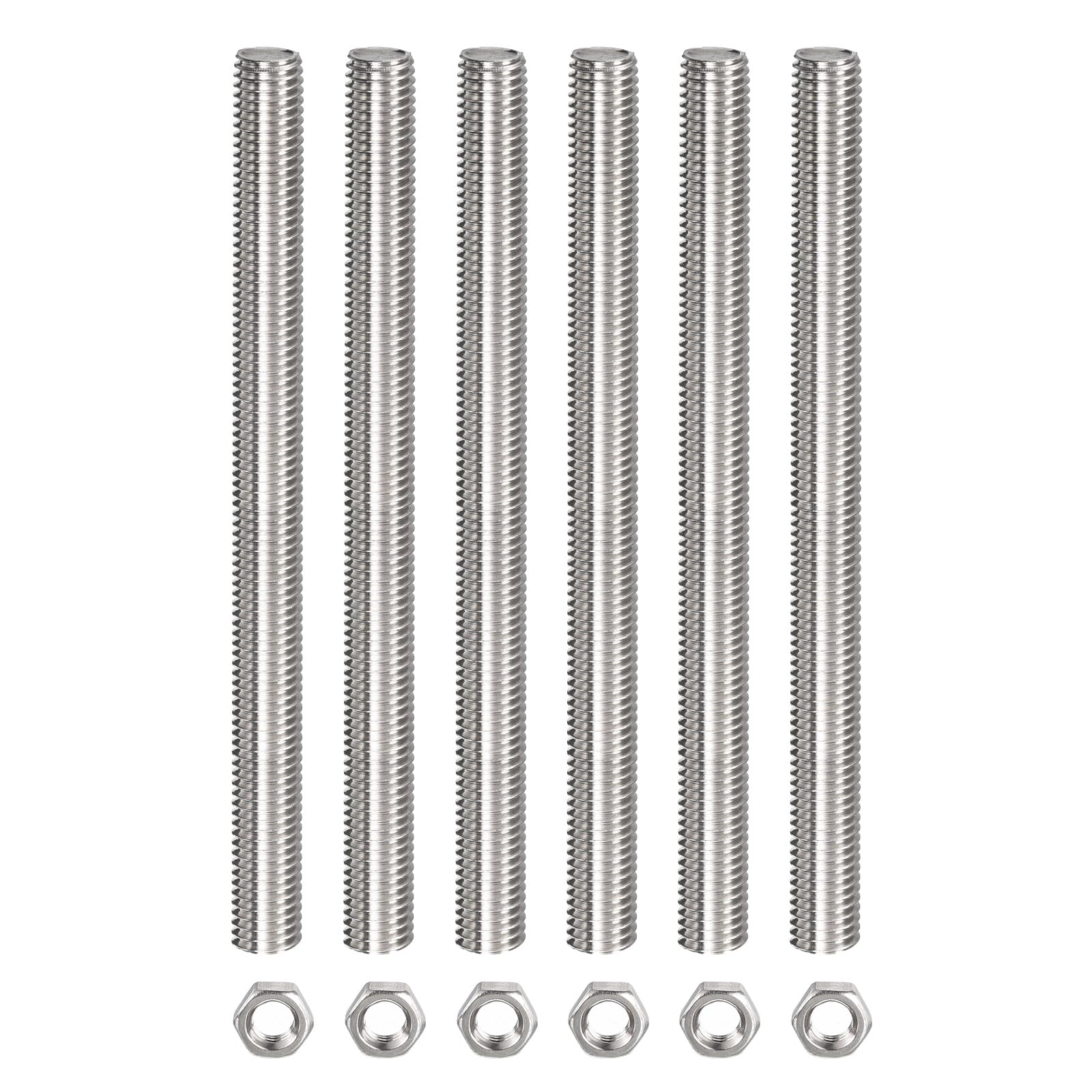 Rebower Fully Threaded Rod (with 6 Pcs Hex Nuts),Stainless Steel Fully Threads Studs[for Assembly Fastening] - M10 x 350mm,1.5mm Pitch/ Silver/ 6 Pcs