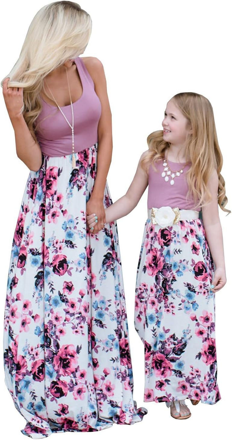 Astellarie Mother and Daughter Matching Clothes,Floral Printed Family Beach Maxi Dress with Pockets for Easter Mother's Day
