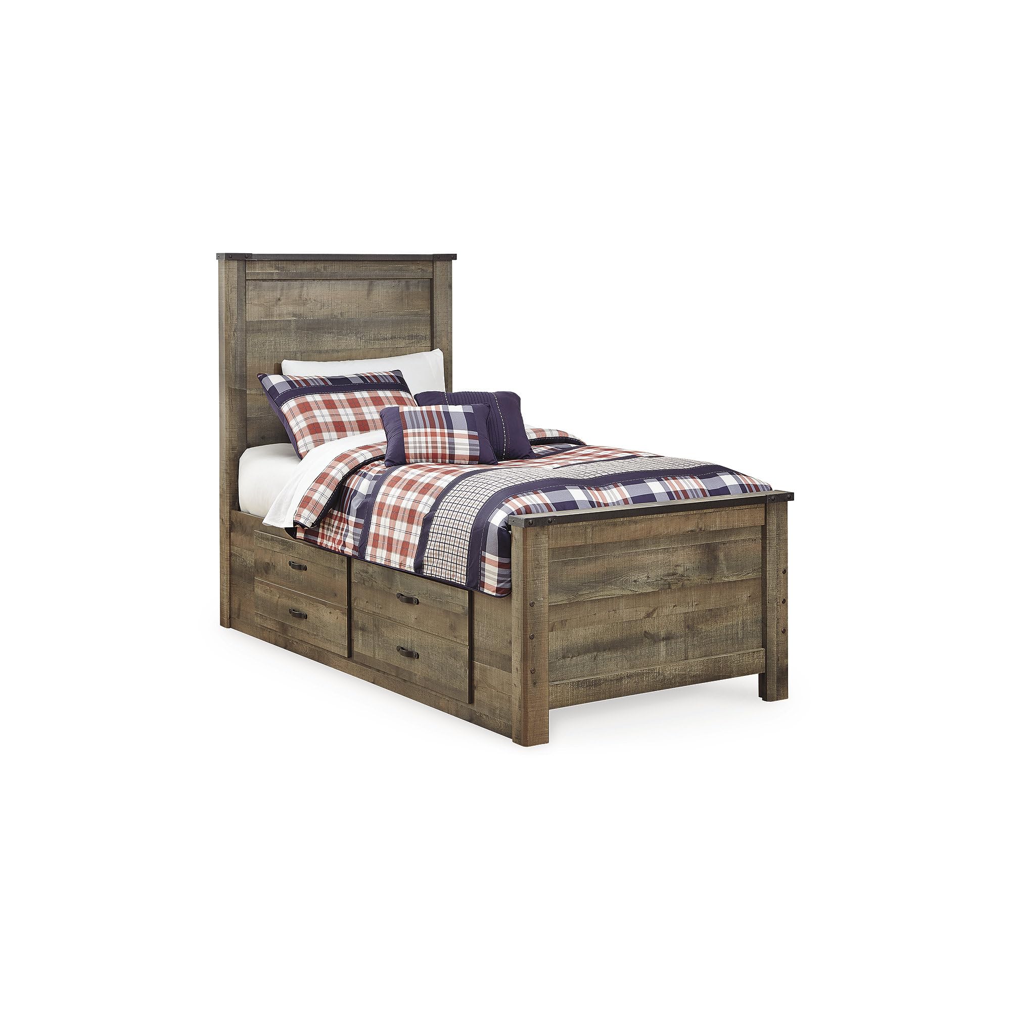 Signature Design by Ashley Trinell Casual Twin Panel Platform Bed with 2 Storage Drawers and Nailheads, Foundation or Box Spring Not Needed, Dark Brown Image