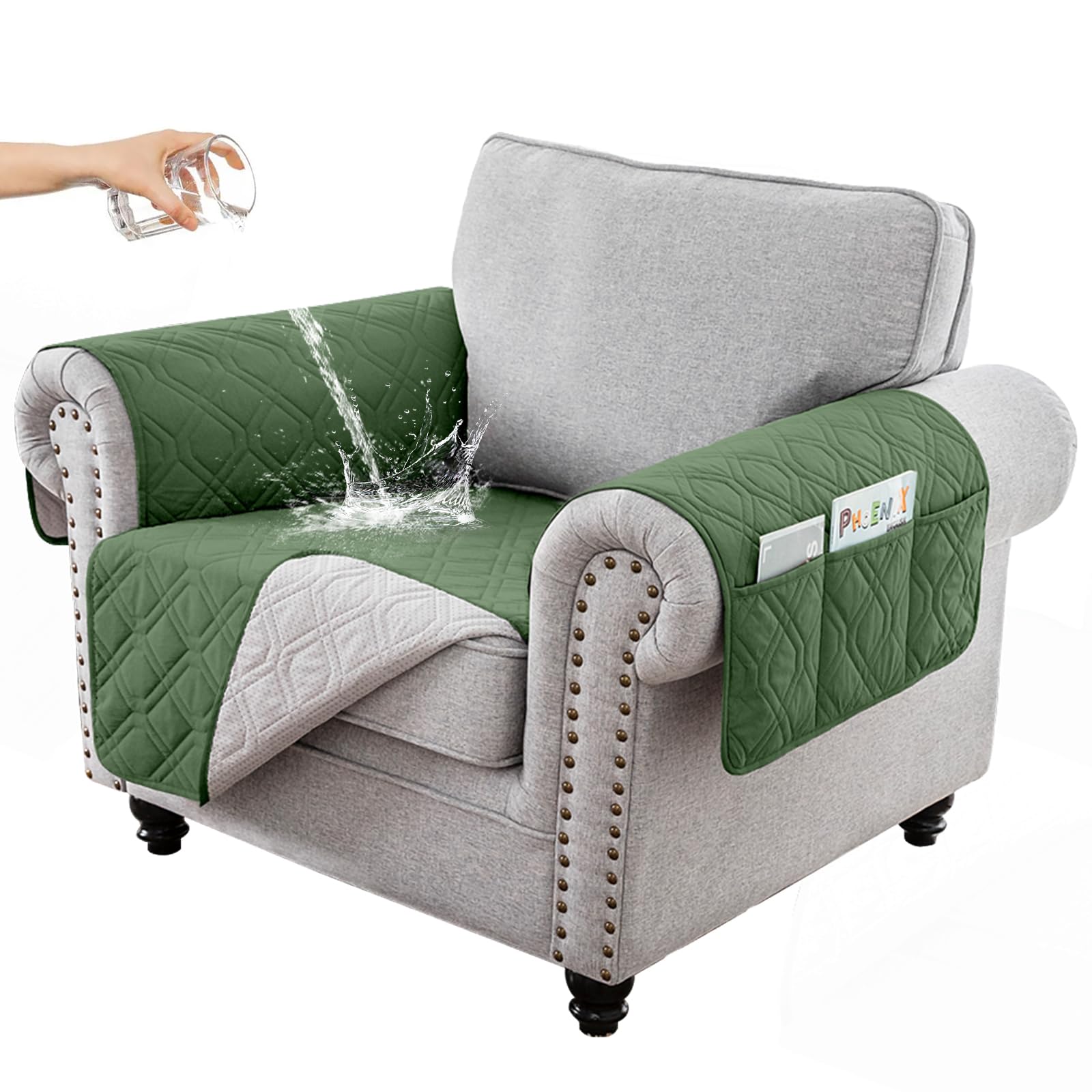 RAPRAP 100% Waterproof Armchair Cover with Side Pockets, Washable Anti-slip Chair Cover for Single Sofa Couch, Furniture Protector Cover for Pets Children Dog Cat,Green,1 Seater