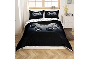 Erosebridal Teen Gamer Duvet Cover Set,Boys Gaming Gamepad Comforter Cover Set Vintage Videogame Controller Pattern Design,Decorative 2 Piece Bedding Set with 1 Pillow Sham,Twin Size,Black Grey
