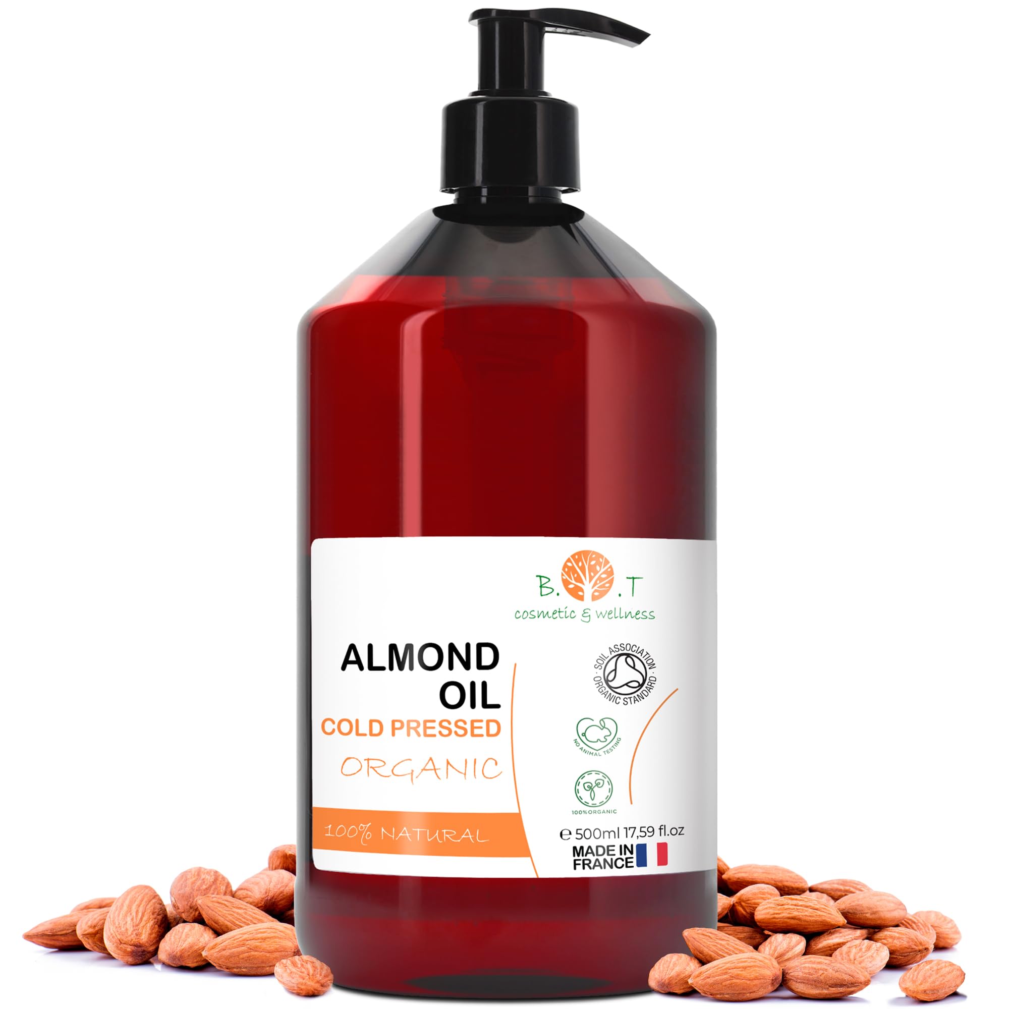 Almond Oil, Organic, Cold Pressed, Pure, Natural. Massage Oil, Carrier Oil, Hair Oil, Body Oil (Nail & Cuticle Oil) Face Oil, Ear oil, Pregnancy Stretch Mark & Baby Oil - 500 ml