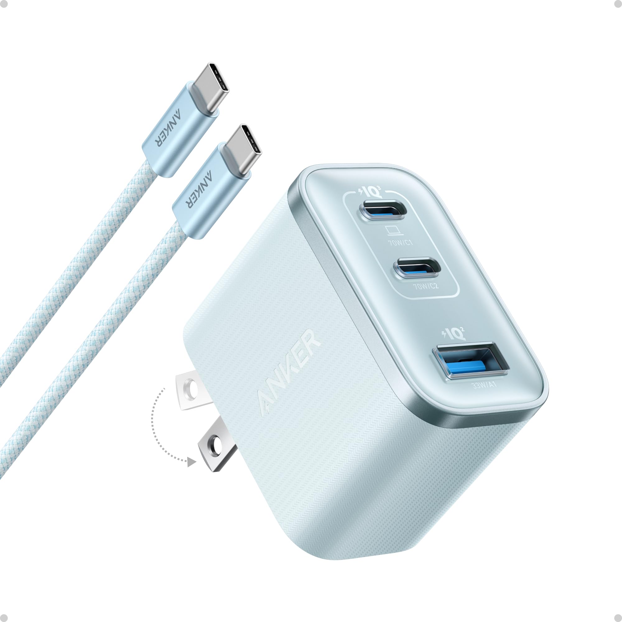 Anker Nano Charger, Ultra-Fast 70W Output 3-Port USB C Charger Block, Fast Charging, Compact and Stylish, for iPhone 17/16 Series, MacBook, iPad, Pixel, Galaxy, and More(Blue, Cable Included) Image