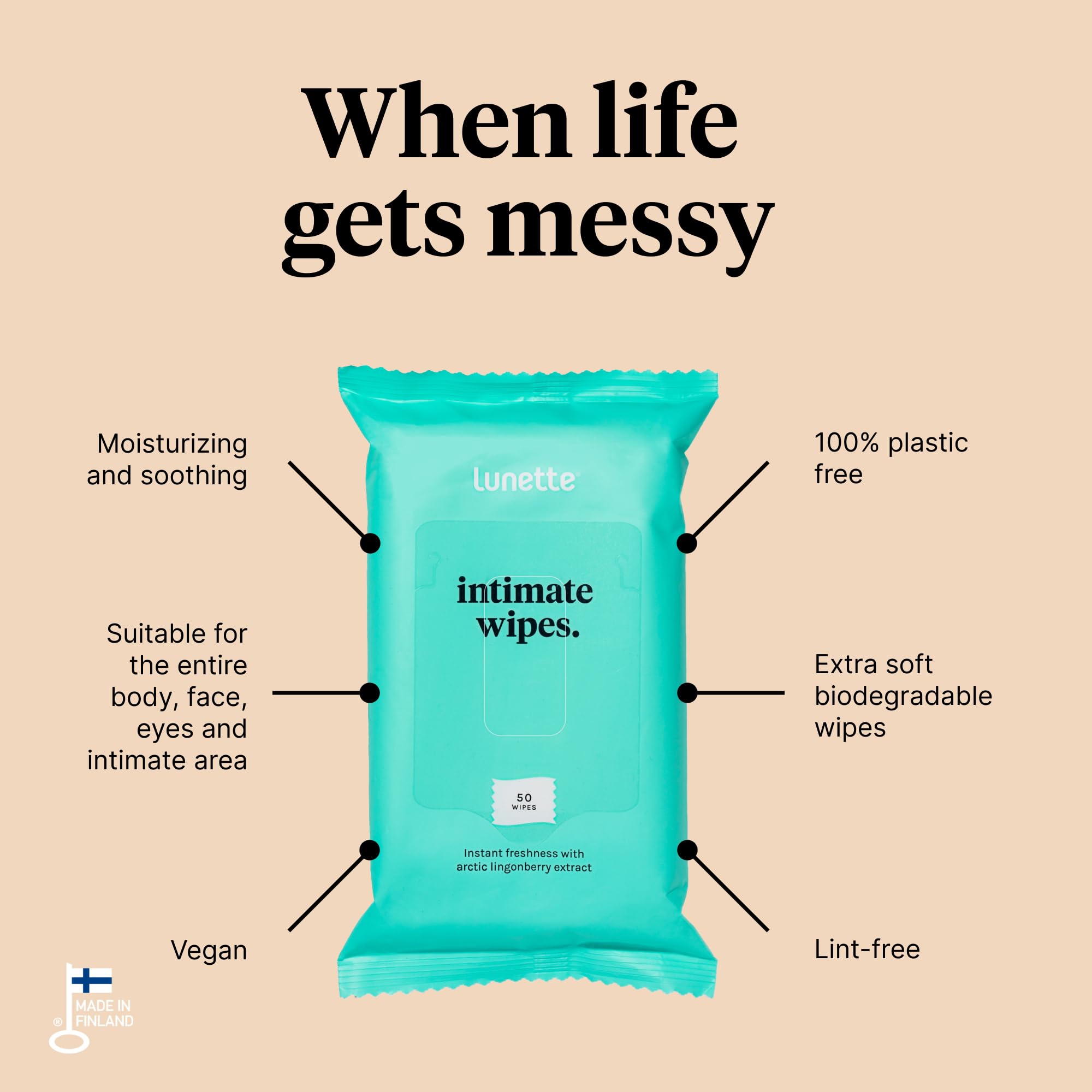 Lunette Intimate Wipes, Great for intimate areas when on the go, 1 Pack, 50 Wipes