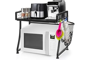 DEAYOU Microwave Oven Rack, Extendable Toaster Stand Utensils Storage with 8 Hooks, 2-Tier Adjustable Kitchen Countertop Organizer Shelf for Air Fryer, Rice Cooker, Spice, 110lbs Weight Capacity