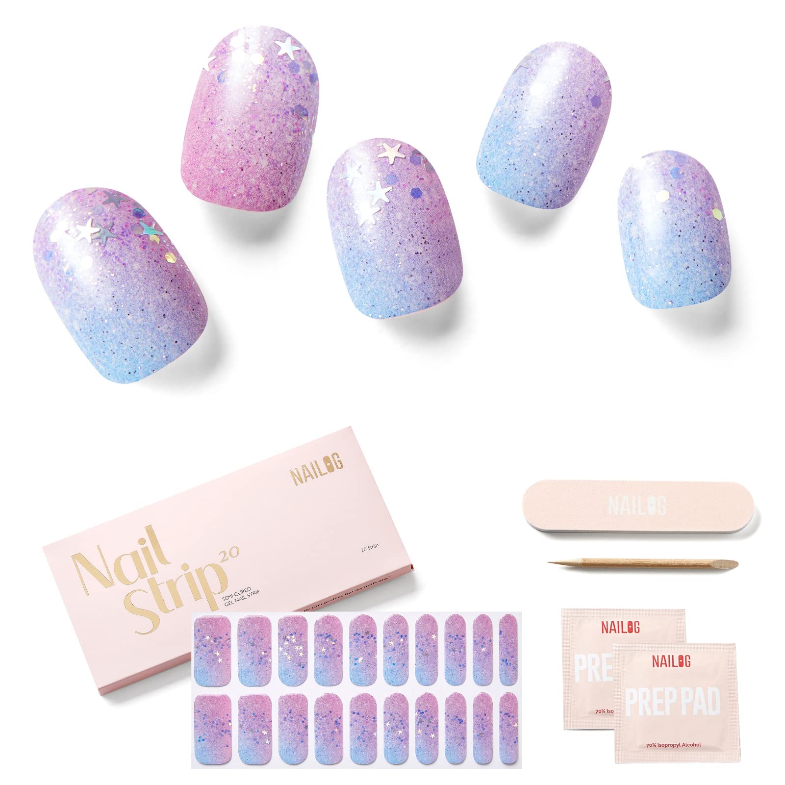 NAILOG Semi Cured Gel Nail Strips Glossy & Long Lasting Soft Gel Finish (20 Extra Long Stickers) | Wraps,Star Kisses — image 1