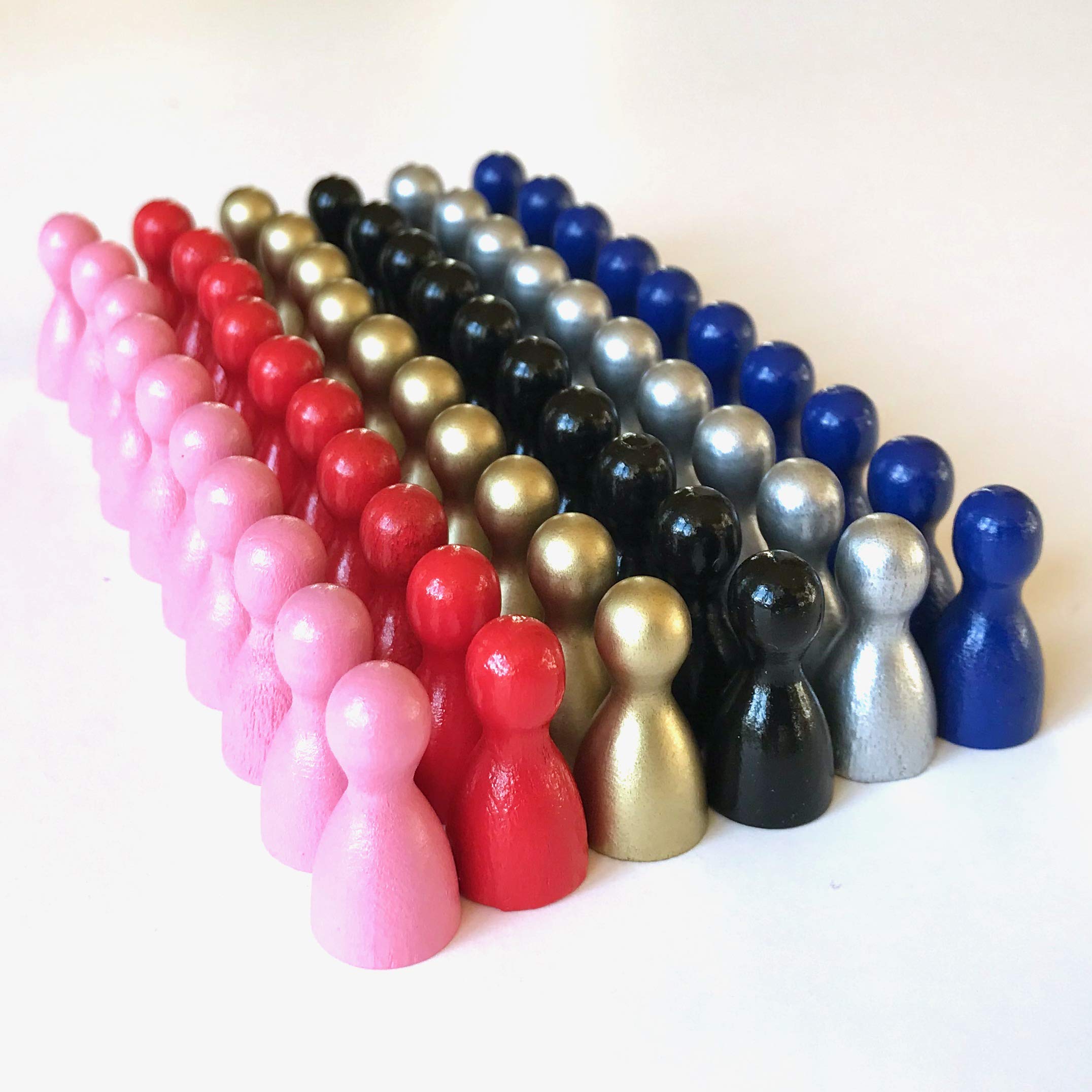 Wooden Playing Pieces for Board Games, Colourful Mix, Special Colours, Halma Pawns, Size 12/24 mm, 60 pieces (6x10) (Space Disco: red, baby pink, dark blue, black, silver, gold)
