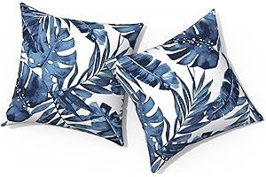 TWLEAR Outdoor Pillows for Patio Furniture 16x16 inch, Square Outdoor Throw Pillows with Inserts, Decorative Patio Pillows for Garden Couch Home Sofa Office Chair, Pack of 2, Palm Blue