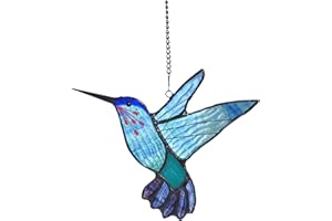 Lolitarcrafts Stained Glass Hummingbird Window Hangings with Flowers, Bird Stained Glass Suncatcher for Window Decor Hummingbird Gifts for Mom,Bird Lovers (Blue A)