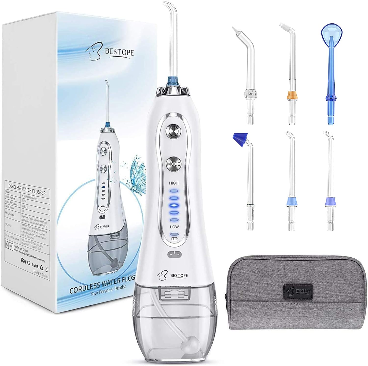 BESTOPE Water Oral Flosser Cordless 300ML Water Dental Flossers for Teeth Braces Dental Oral Irrigator with 5 Modes 6 Jet Tips, IPX7 Waterproof,Portable and Rechargeable for Home&Travel: Health & Personal Care