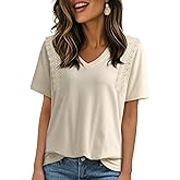Dokotoo Women's Casual Summer T Shirts Short Sleeve V Neck Tops Lace Cotton Tshirts