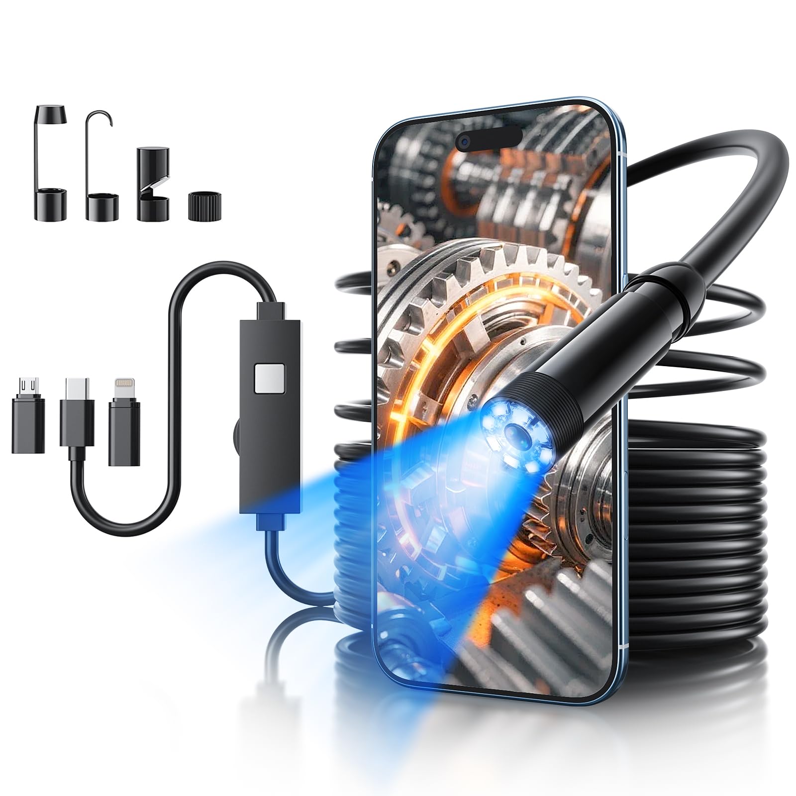 Photo 1 of Endoscope Camera with Light, 1920P HD Bore Scope Borescope with 8 Lights, Waterproof 16.4FT Semi-Rigid Cord for Pipe Inspection, Industrial Endoscope for Phones(Black)