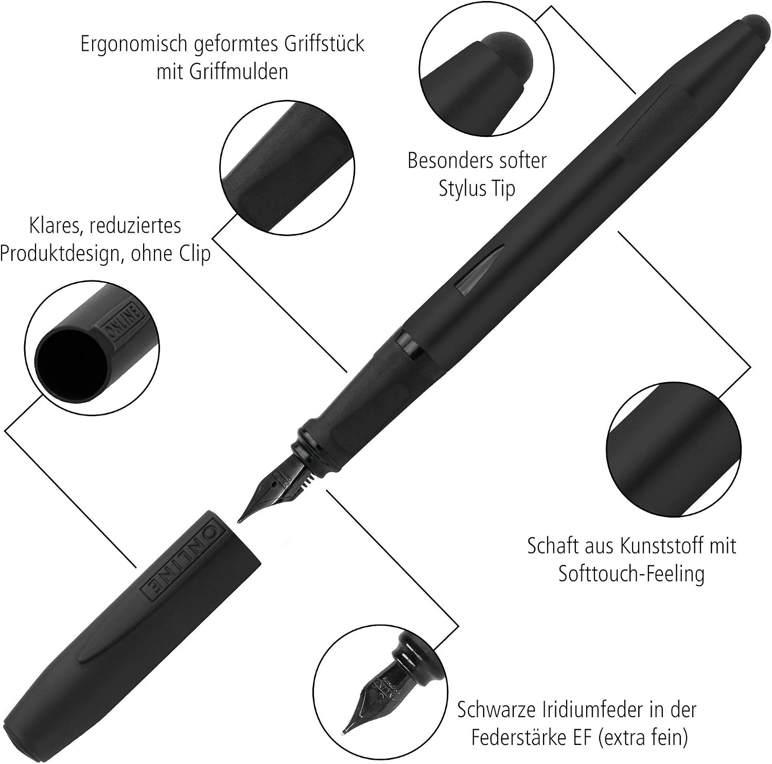Online Switch Expert Fountain Pen for Tablets and Smartphones Multifunctional Pen with Standard Ink Cartridges, Black - Image 4
