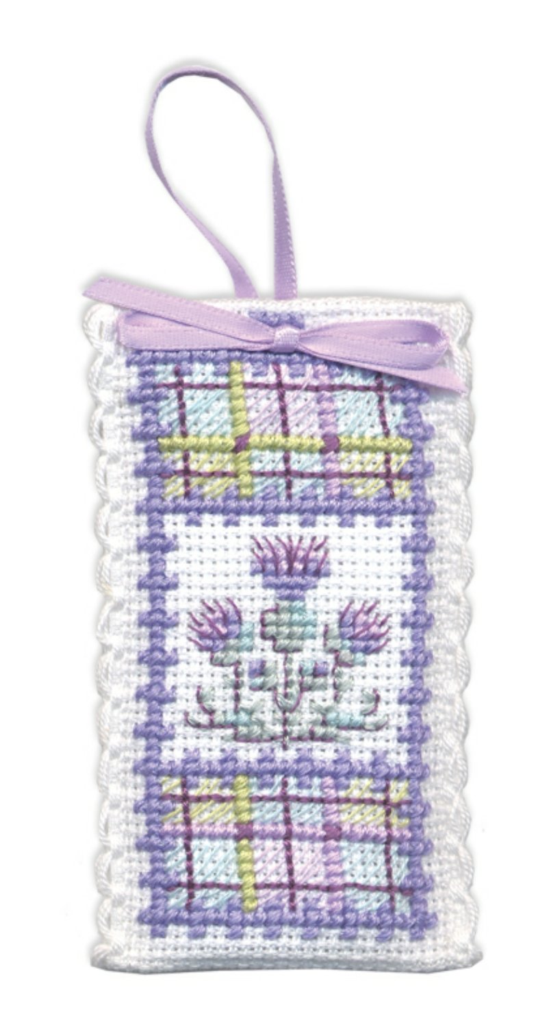 Lavender Scottish Cross Stitch Kit 'Tartan Thistles' by Textile Heritage. Lavender included.