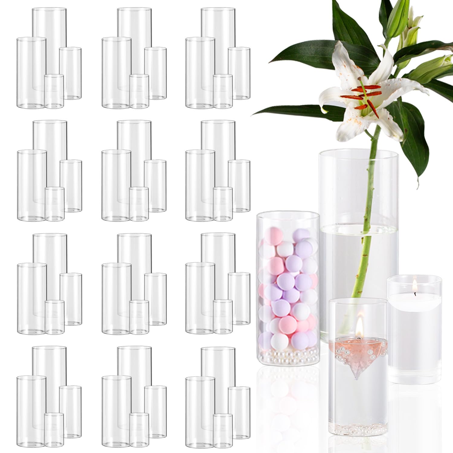 Photo 1 of ***FACTORY SEALED***ANQUEPHD Clear Glass Cylinder Vases for Centerpieces, 4,6,8,10 Inch Tall Clear Flower Vases Wedding Decorations, Glass Hurricane Candle Holder for Table Shelf (48 Pack(4,6,8,10 Inch))