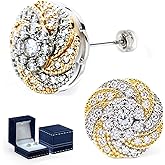 18K Gold Plated Cubic Zirconia Stud Earrings for Women Men, Small Two-Tone White and Yellow Gold Earrings, Hypoallergenic Sterling Silver Stud Earrings for Sensitive Ears (with LED Velvet Box)