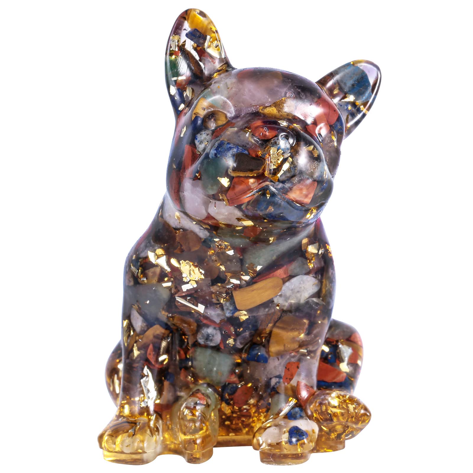 mookaitedecor 3 Inch Mixed Crystals French Bulldog Dog Statue Ornament, Semi Precious Stone Lover Gift, Resin Animal Healing Crystal Puppy Art Figurine Lucky Home Office Decor (UKPOLYMM0028905)