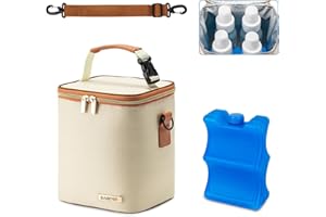BABEYER Breast Milk Cooler Bag with Ice Pack Fits 4 Baby Bottles Up to 9 Ounce, Baby Bottle Bag with Shoulder Strap for Nursing Mom Daycare, Cream