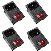 Oiyagai IEC320 C14 Power Inlet Rocker Switch Fuse 10A 250V 4 Pack | Panel-mount C14 inlet with red illuminated rocker switch and fuse holder for power supplies, amplifiers and DIY electronics.
