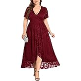 ZOMVA Plus Size Floral Lace Dress Wrap V Neck High Low Ruffle Sleeve Evening Gown Formal Dresses Wedding Guests Cocktail