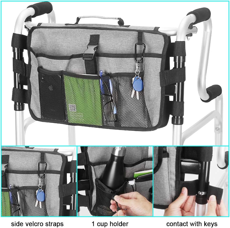 Walker Bag - Water Resistant Tote Folding Walker Basket Caddy Pouch with Large Compartment and 9 Pockets Universal fit Walker, rollator (Gray): Health & Personal Care