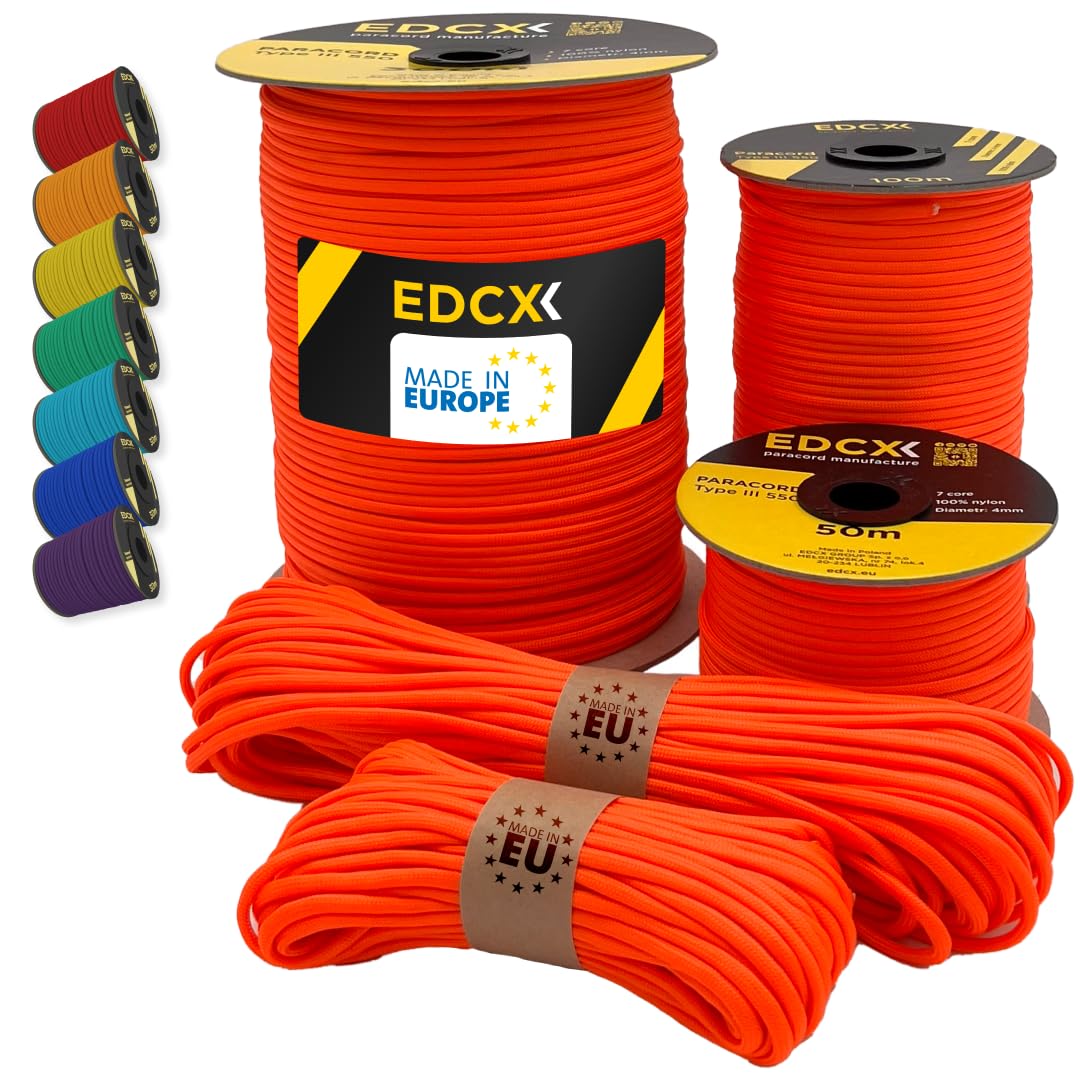 EdcX Paracord 4mm, 35+ Solid Colors (10m, 15m, 30m, 50m, 100m, 300m) | Ideal for Crafting, DIY, Camping, Survival, Outdoor | 100% Nylon Rope 4mm | Tactical Cord 550 Type III (Sofit Orange, 300 m) — image 1