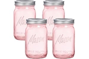 I00000 Pink Mason Jars 32 oz,4 Pack Wide Mouth Mason Jars for Safe Storage,Fermenting,Pickling,DIY,Crafts Decoration