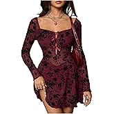 Milumia Women's Floral Lace Cut Out Mini Dress Sexy Long Sleeve Bow Decor Party Club Mesh Short Dresses