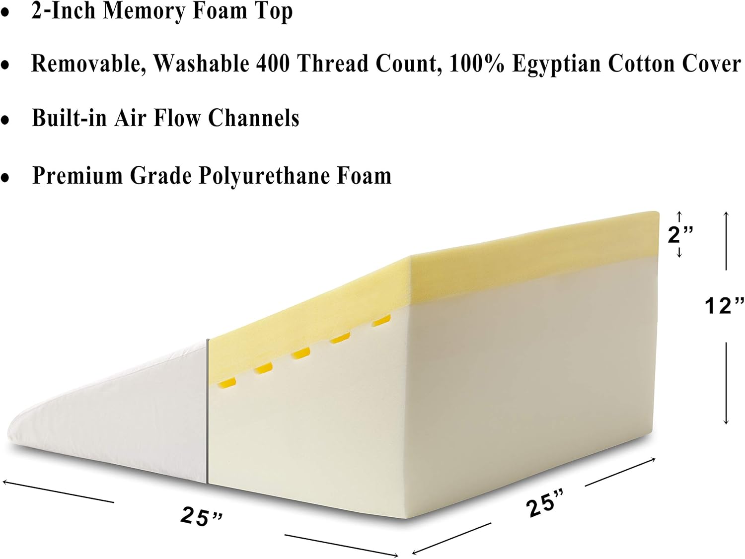 InteVision Foam Bed Wedge Pillow (25" x 25" x 12") + Headrest Pillow in ONE Package - 2" Memory Foam Top - 100% Egyptian Cotton Cover - Helps Relief from Acid Reflux, Post Surgery, Snoring: Home & Kitchen