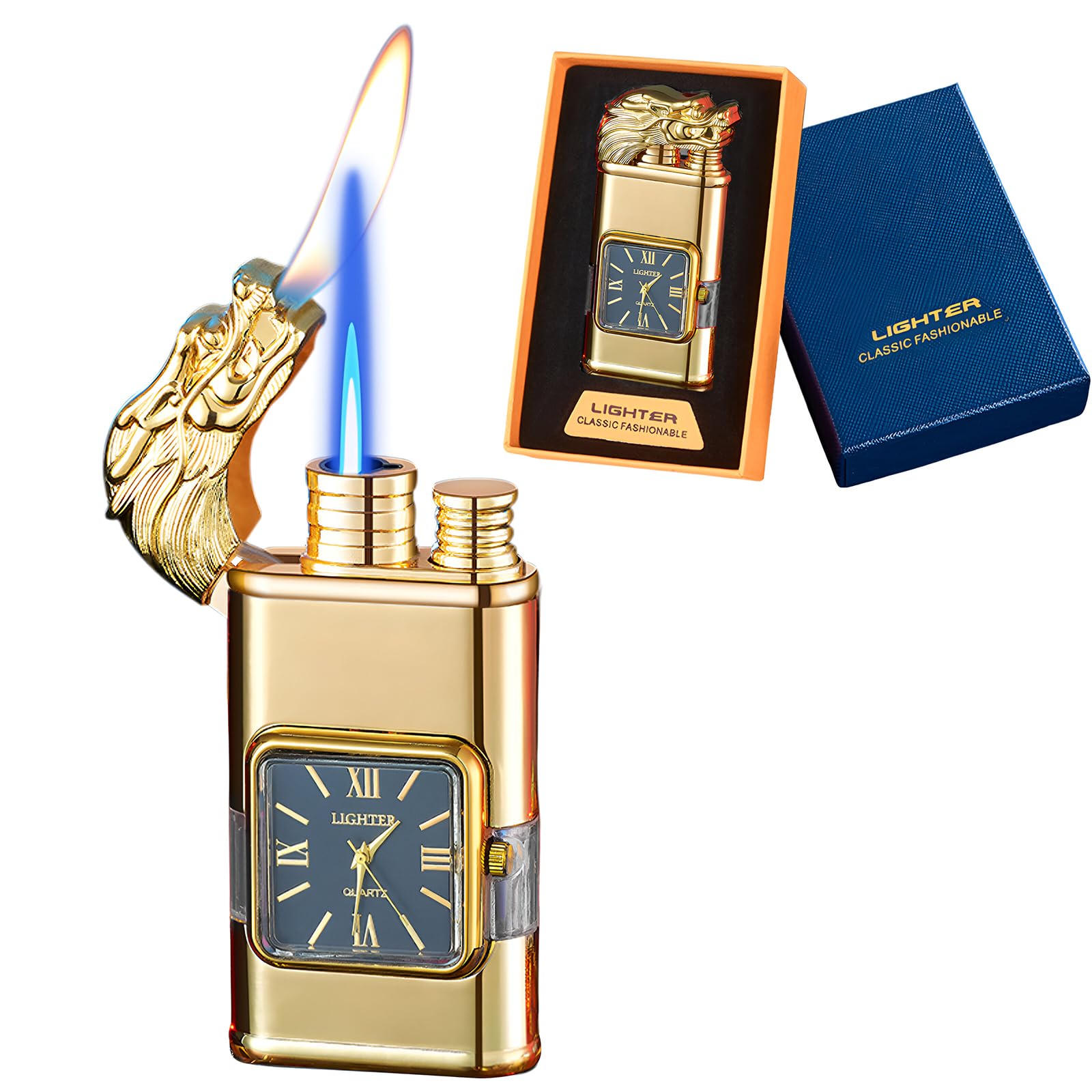 Photo 1 of Torch Lighter, Magic Dual Flame Dragon Lighter with Portable Size, Windproof Lighter with Visible Fuel Tank, Adjustable Flame Refillable Butane Lighter for Men Friends Gifts (Without Butane)- Gold-d