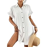 Eddoyee Womens Beach Swimsuit Cover Ups Button Down Bathing Suit Shirt Pleated Bikini Swimwear Top