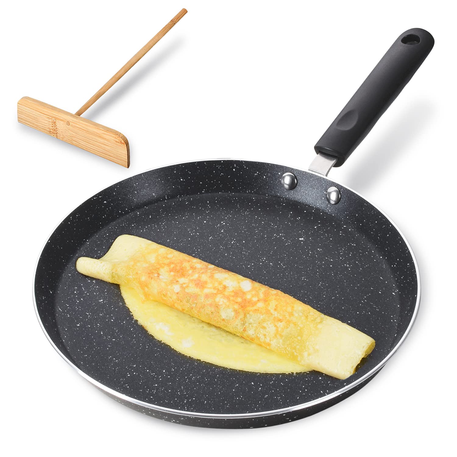 Photo 1 of Buecmue 10.5 Inch Nonstick Crepe Pan with Spreader, Granite Coating Skillet Pan for Roti Egg Omelet Tortilla Tawa Dosa, Flat Frying Pan, Induction Compatible PFOA & PTFEs Free