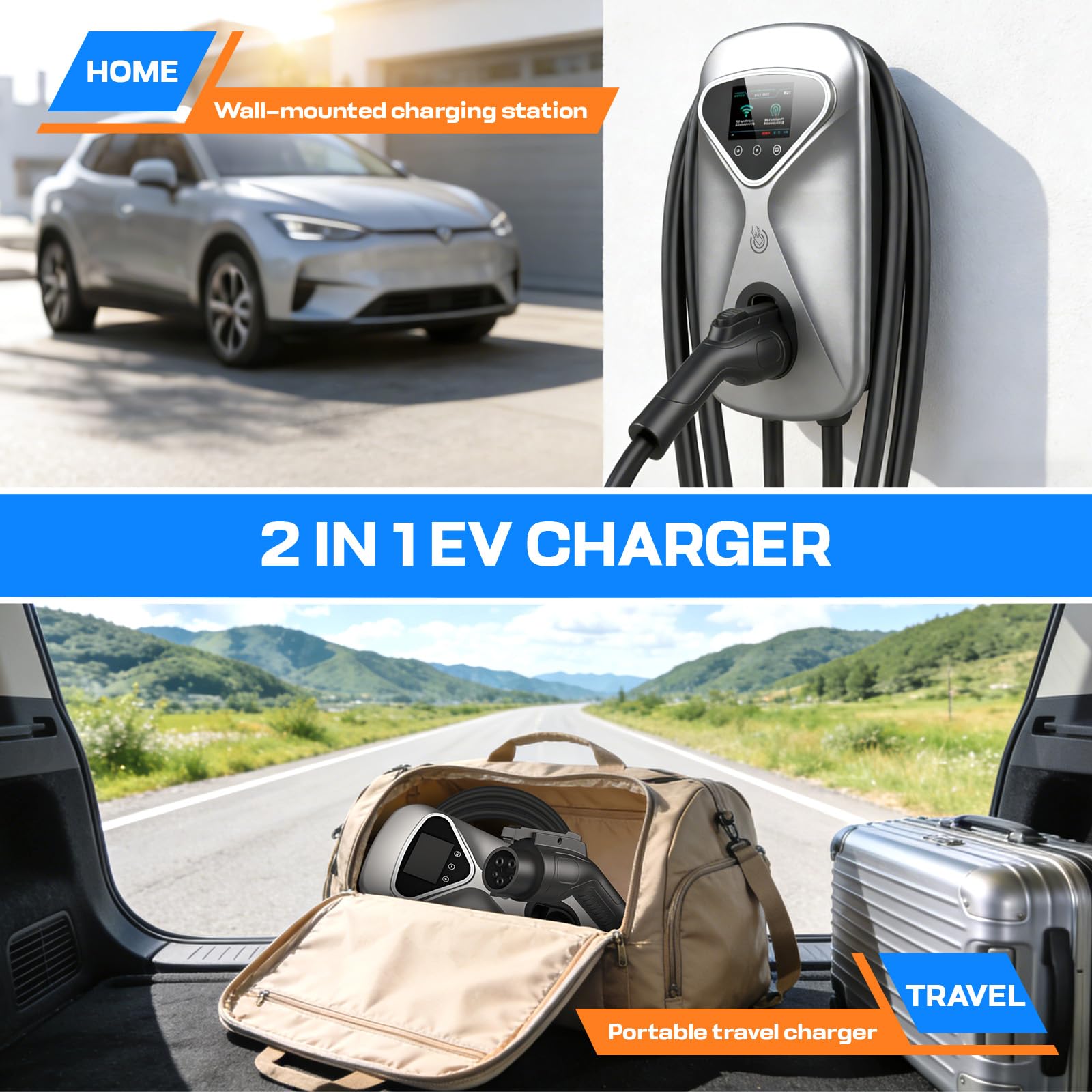 Level 2 EV Charger 50 Amp Hardwired, 48 Miles Range/Hour Smart Electric Vehicle Charging Station with WiFi App, 25ft Cable, RFID & LCD Display, J1772 & Tesla Adapter, 120V Indoor/Outdoor
