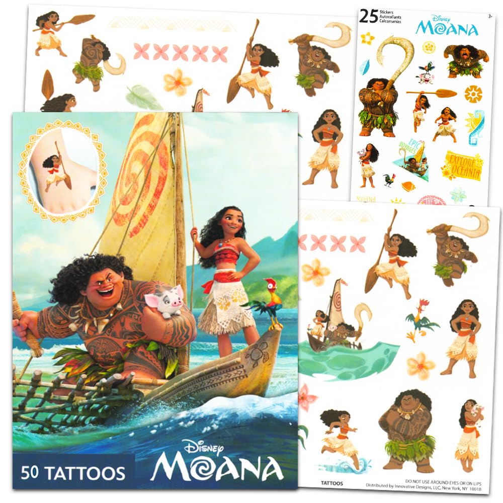 Photo 1 of Disney Moana Tattoo Set - 50 Assorted Temporary Tattoos and Moana Sticker Bundle | Disney Party Supplies for Kids