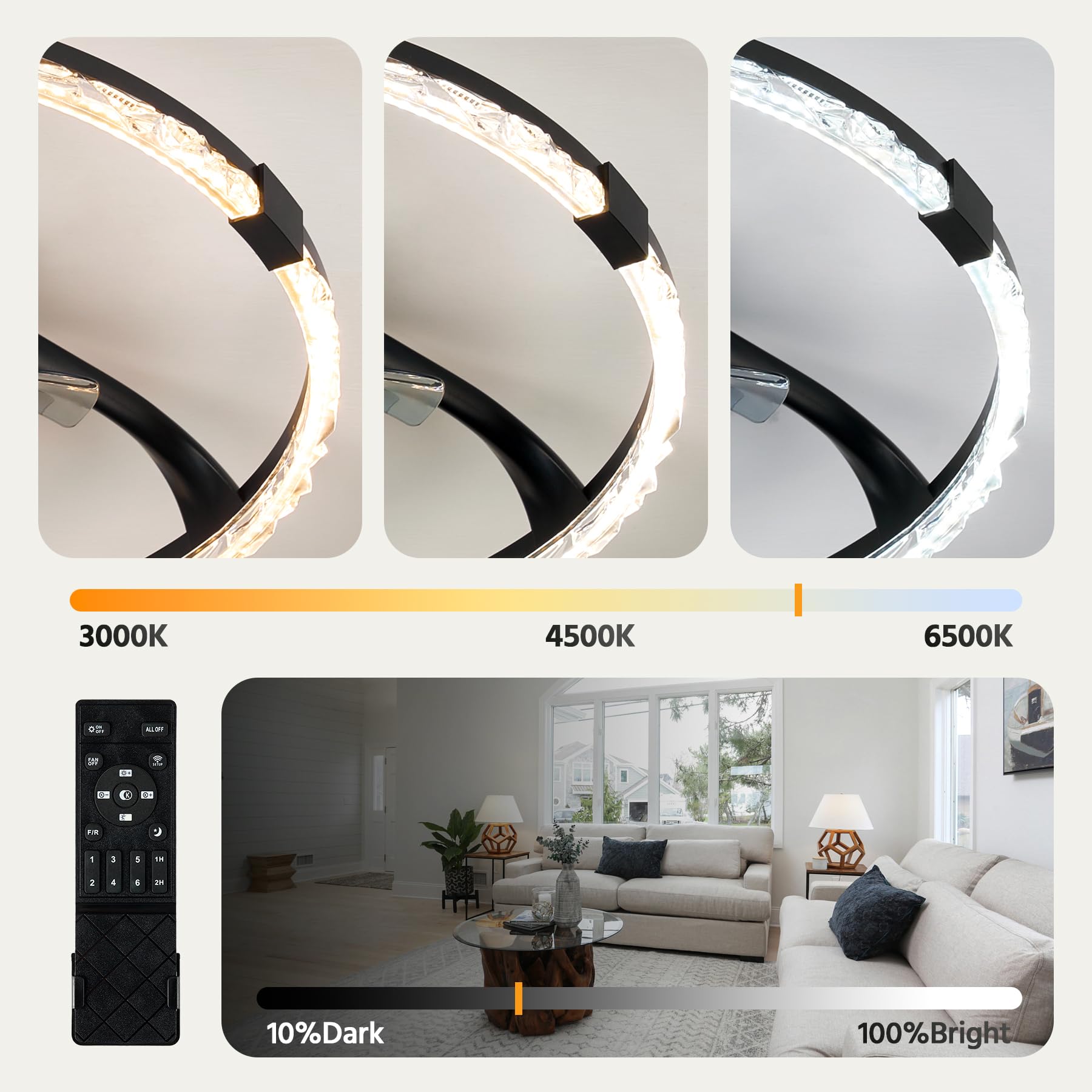 Hordxin Flush Mount Ceiling Fans with Lights and Remote, 19.7'' Ultra Low Profile Ceiling Fan, 3000K-6500K Dimming Modern LED Fan Light, 6 Wind Speeds, Black Fandelier Kitchen Fans Ceiling with Lights