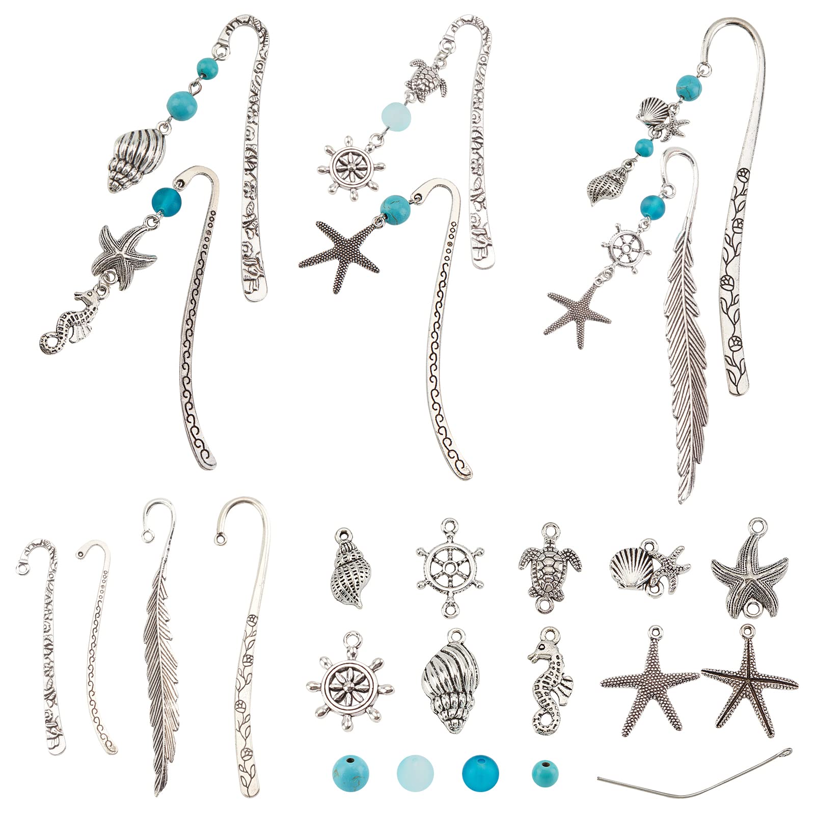 SUNNYCLUE DIY 6 Set Ocean Metal Hook Bookmarks Making Kit 6pcs Leaf Tibetan Style Alloy Bookmark with Starfish Shell Alloy Pendants & Turquoise Beads for DIY Alloy Bookmark Making,4.6inch Long