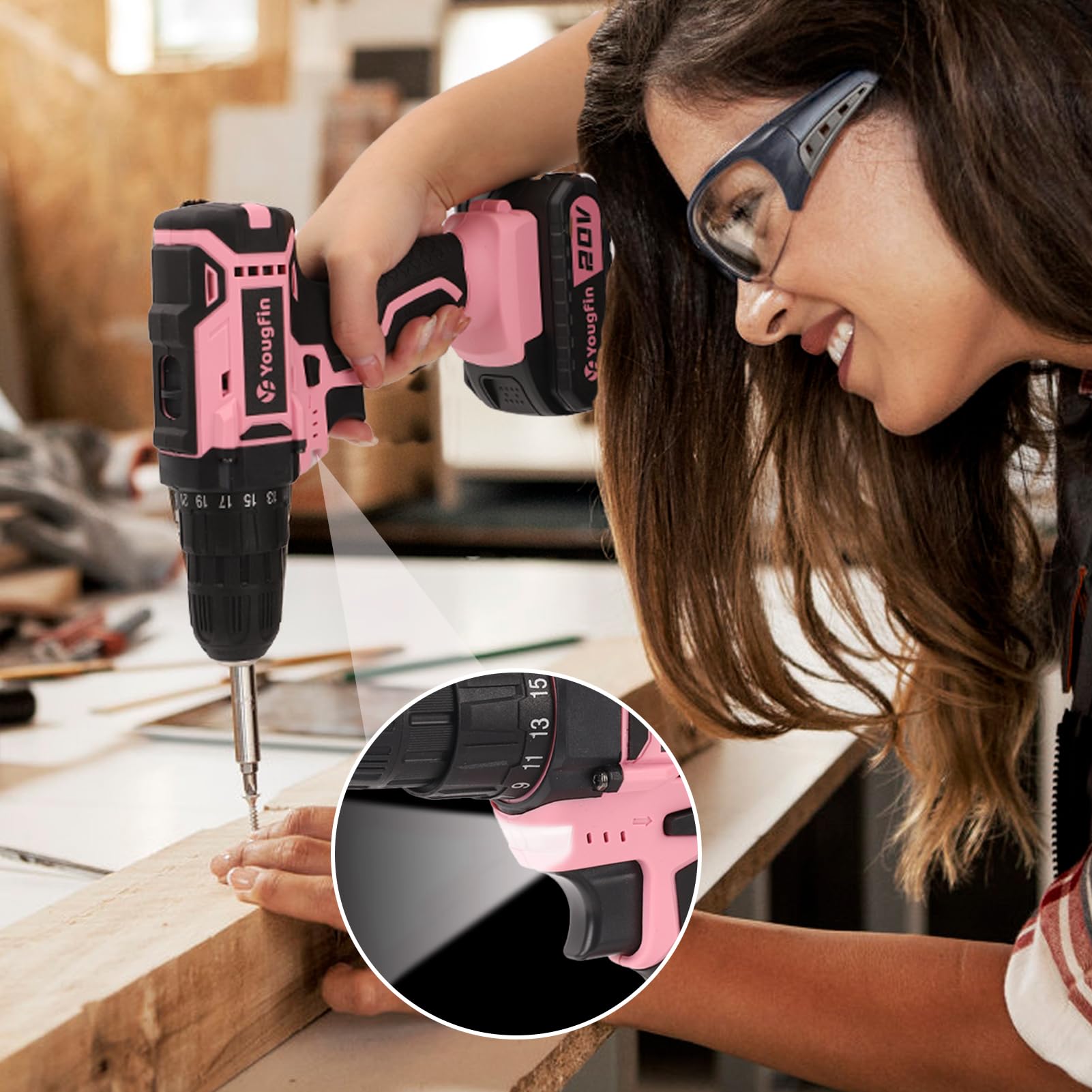 Yougfin Cordless Drill Set, 20V Power Drill Driver With Battery & Charger, 3/8'' Keyless Chuck, Variable Speed, 25+1 Torque Setting, Pink & Black