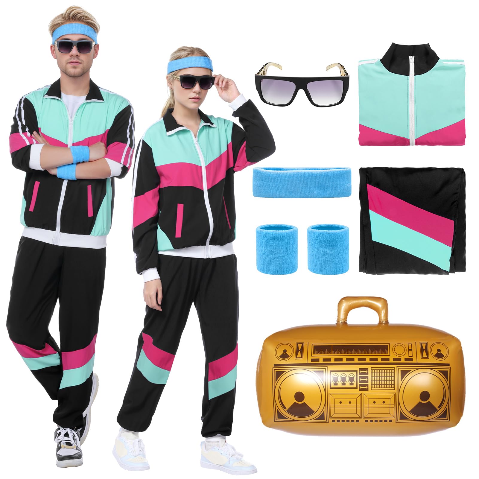 Suffolly 90s Fancy Dress Costumes,Shell Suits for Men Women,Retro 80s Fancy Dress,Halloween Costumes Adult Couples,Tracksuit for Halloween,Disco,Stag Nights,Holidays,Theme Party(Black, S)
