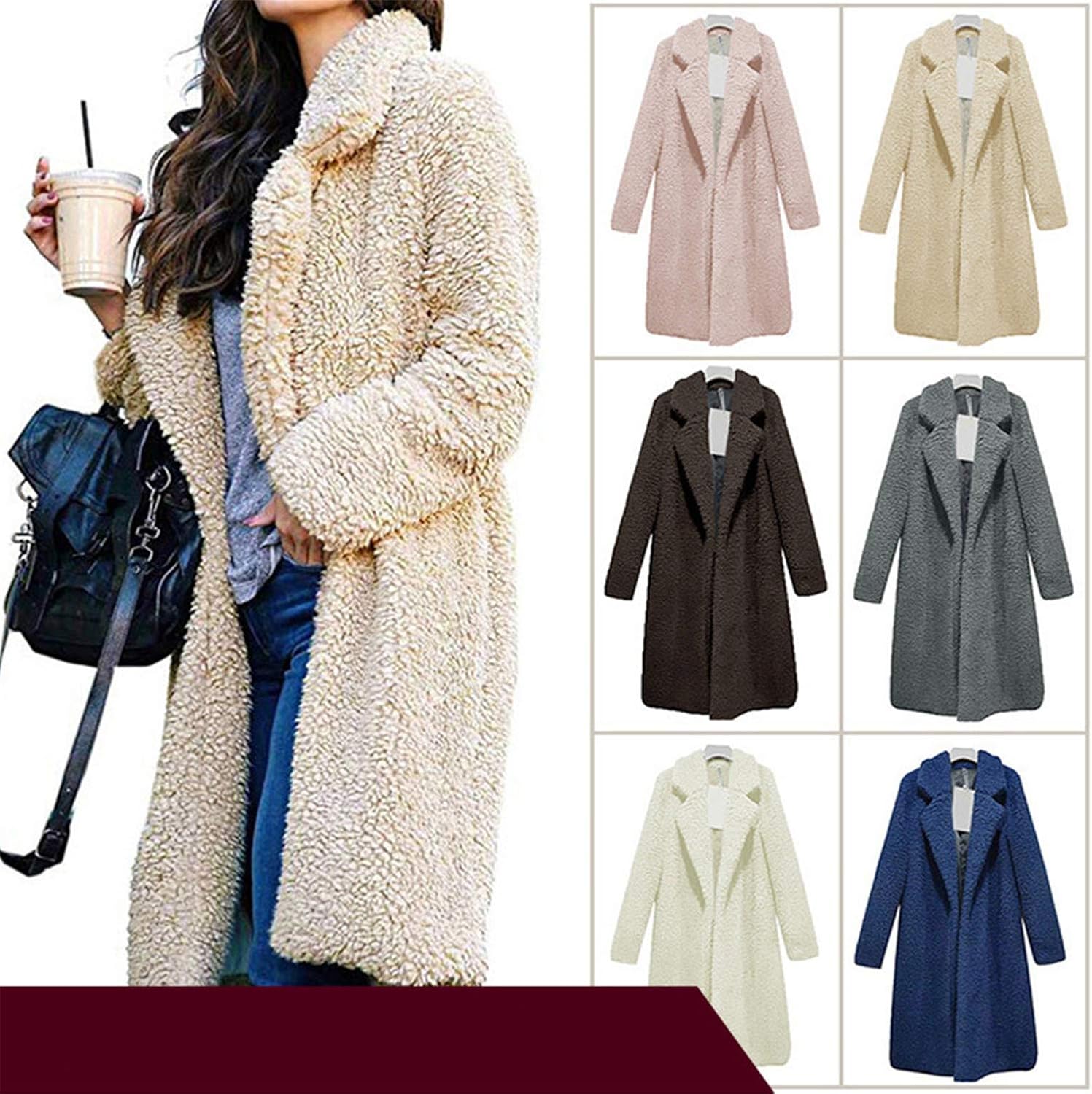 Soluo Women's Fuzzy Fleece Coat Lapel Open Front Long Shaggy Cardigan Overcoat Fashion Warm Winter Outwear Jackets at  Women’s Clothing store