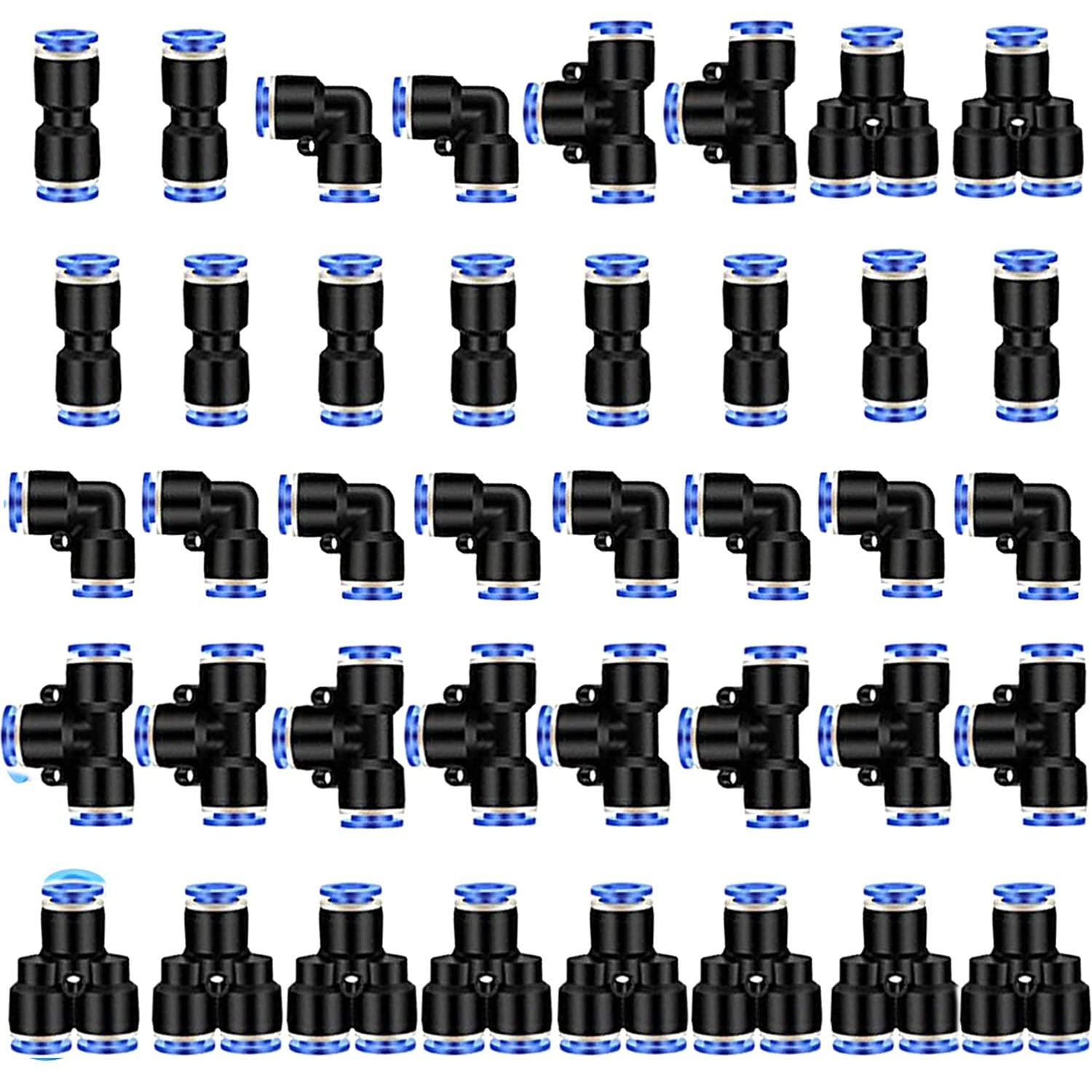 RUNCCI-YUN 40 x 1/4 inch air push quick attachments, pneumatic connectors, 10 straight + 10 elbows + 10 T-shaped + 10 Y-connectors