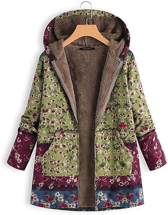 Amazon Dolphin Home 海外トレンド ファッション ヨーロッパ風 プリント 長袖 折り襟 花柄 ファスナー有り フード付き アウター レディース コート グリーン M コート ジャケット 通販