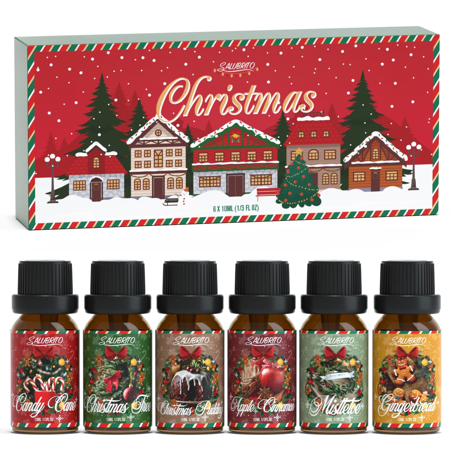 SALUBRITO Christmas Essential Oils Set for Diffuser, Natural Pure Aromatherapy Fragrance Oil for Diffuser 6 x 10ml - Christmas Tree, Mistletoe, Gingerbread, Apple Cinnamon, Candy Cane, Holiday Gift