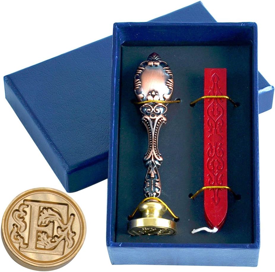 Stamp Seal Sealing Wax kit, Retro Wax Stick + Classic Vintage Seal Wax Stamp Letter E - in Gift Box